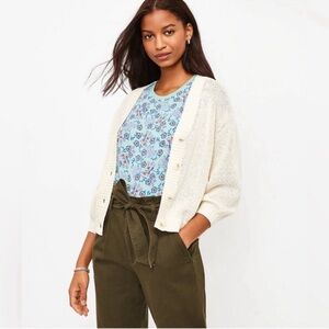 LOFT Ivory Cream Marled 3/4 Sleeve Sweater Cardigan Sz XL dropped Shoulder